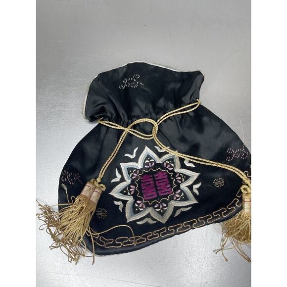 Vintage Antique Chinese Asian Black Silk Tassels Small Drawstring Handbag Bag - Picture 2 of 8